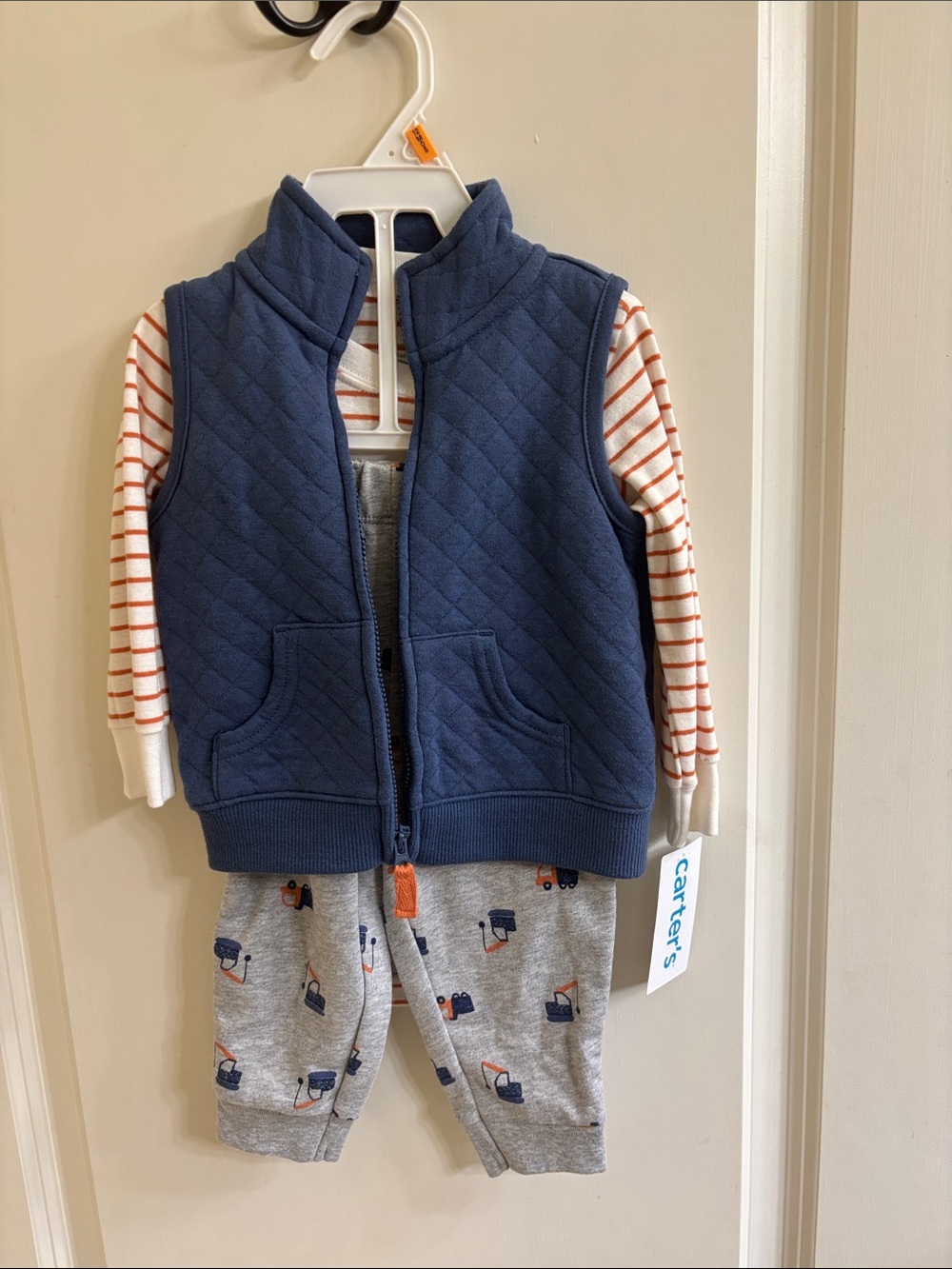 Carter's Blue Quilted Vest Outfit with Orange-Striped Top - 12 M - NWT